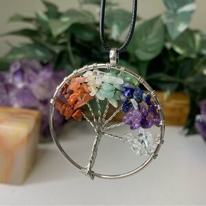 7 Chakra Stone Crystal Tree of Life Wire Wrapped Pendant Necklace Silver Tone 2"